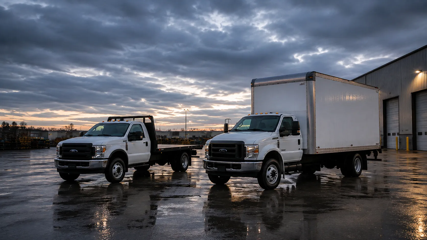 Two white medium-duty trucks parked at a Cleveland warehouse